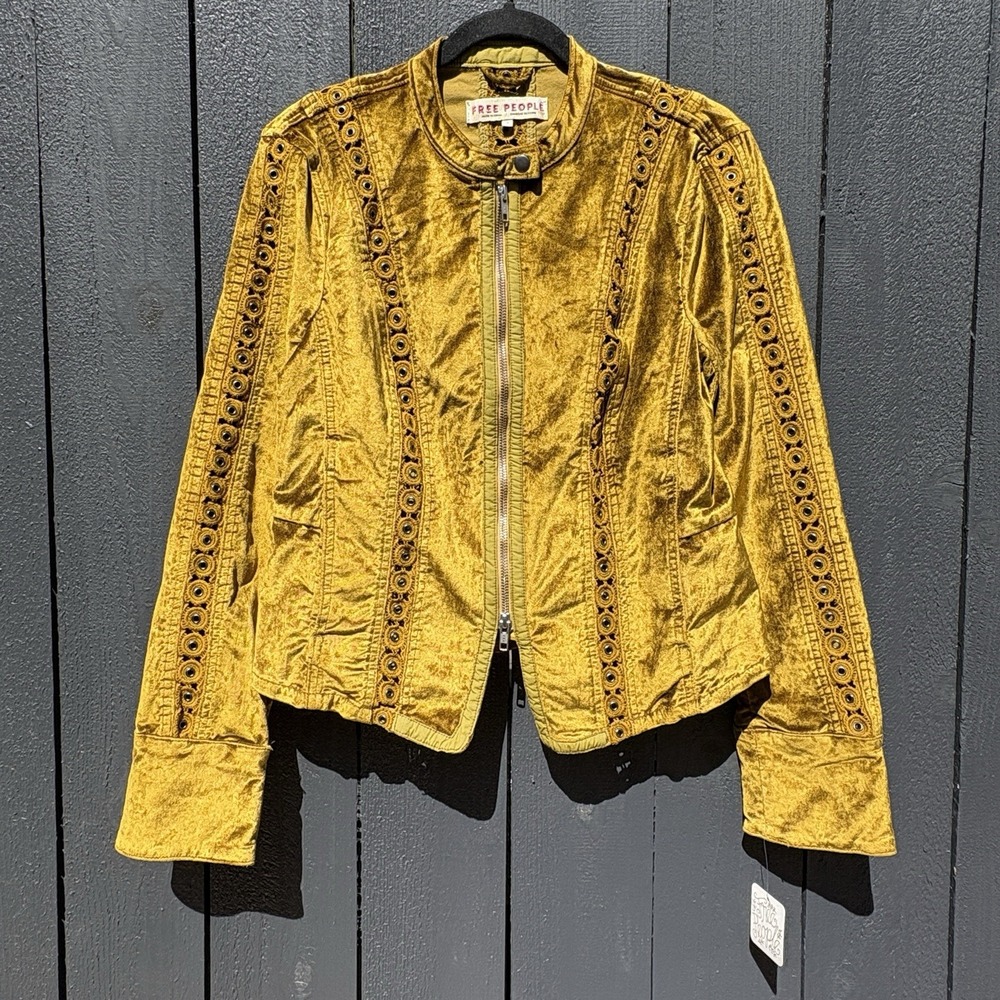 Free People Margot Velvet Jacket S Boho Band Indie Sleaze Military Lace Gold NEW